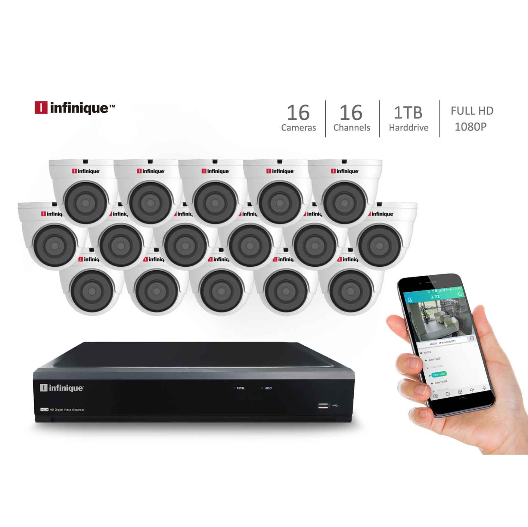 Infinique 16Ch Hybrid DVR with 16 Dome Cameras